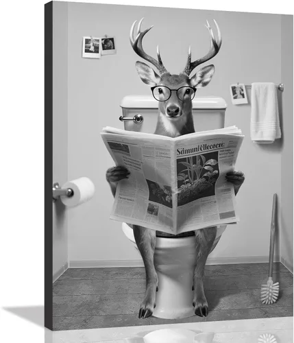 Miniatura 17 de Decoración de Arte de Pared en Blanco y Negro – Oso con Gafas Sentado en el Inodoro Leyendo Periódico, Impresiones en Lienzo, Imágenes de Animales