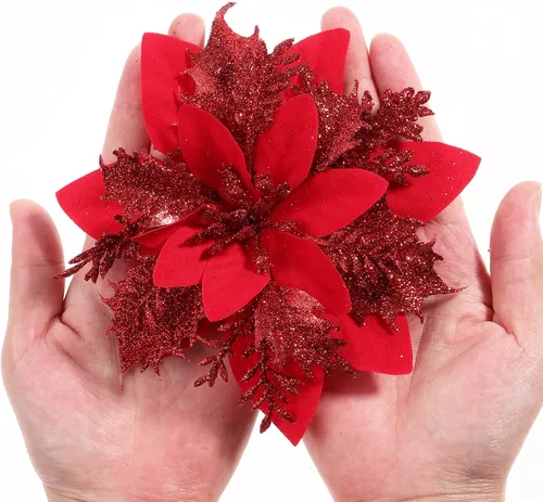 Miniatura 3 de Toyvian Flores de pascua artificiales con purpurina navideña, 12 adornos de flores para árbol de Navidad, decoración de fiesta de Navidad con 12 Rojo