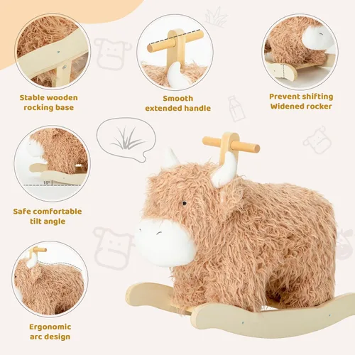 Miniatura 6 de Caballo mecedora bebé para 1 año de edad, caballo de madera de vaca/yak con balanceo con caña y peluche de madera, juguete de montar para niñas