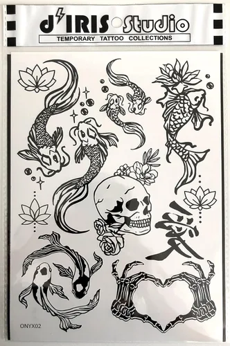 Miniatura 4 de Tatuajes temporales para mujeres adultas – 2 hojas – Black Big Ying y Yang Koi Fish Kanji Love Skeleton Heart Hand Skull Lotus Sleeve Adultos Tattoo