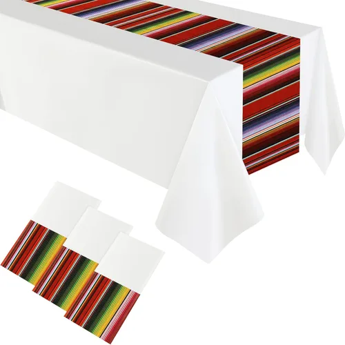 Miniatura 11 de Oudain Mantel de plástico para fiesta, 3 piezas, 108 x 54 pulgadas, desechables, impermeables, mexicanos, a rayas, para noche de tacos, festivales