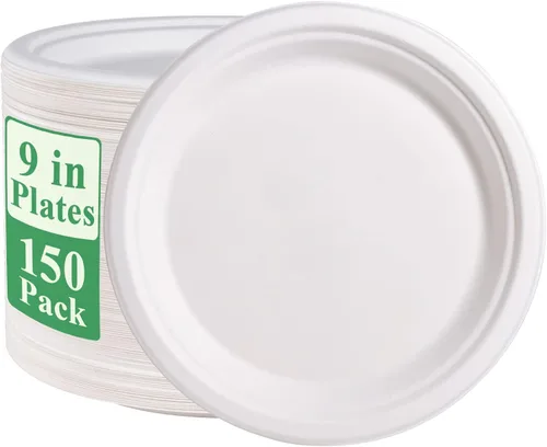 Miniatura 10 de Vplus Paquete de 125 platos de papel de 6 pulgadas, 100% compostables, platos de papel desechables de alta resistencia, bagazo, natural, 6 in Blanco