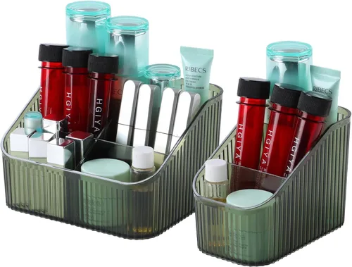 Miniatura 18 de Organizador de brochas de maquillaje ámbar para tocador, organizador de encimera de baño, 5 tazas, almacenamiento y exhibición de artículos