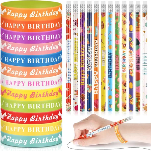 Sabary Juego de 48 pulseras de goma para lápices de feliz cumpleaños, recuerdos de fiesta de cumpleaños, pulseras de silicona para niños, Arcoír