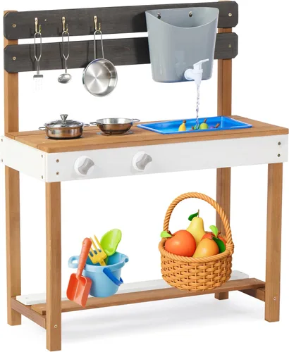 Cocina de madera para niños, cocina de barro al aire libre con juego de agua y juguetes de cocina, juego en el patio trasero para niños de más de 3