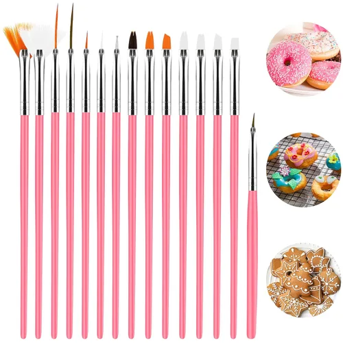 Miniatura 9 de Kit de 15 pinceles para decoración de tartas, pincel de fondant, cepillo de pintura para alimentos, herramientas de decoración para galletas, Negro