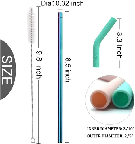 Miniatura 4 de Senneny Juego de 5 popotes de acero inoxidable con puntas flexibles de silicona con cobertor de codos, incluye 2 cepillos de limpieza y 1 bolsa