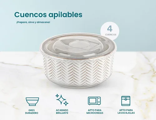 Miniatura 7 de KooK Tazones para servir, con tapas, cuencos de cerámica para anidar, juego de 4, en relieve, cocina, preparación, apilables, regalo, aptos