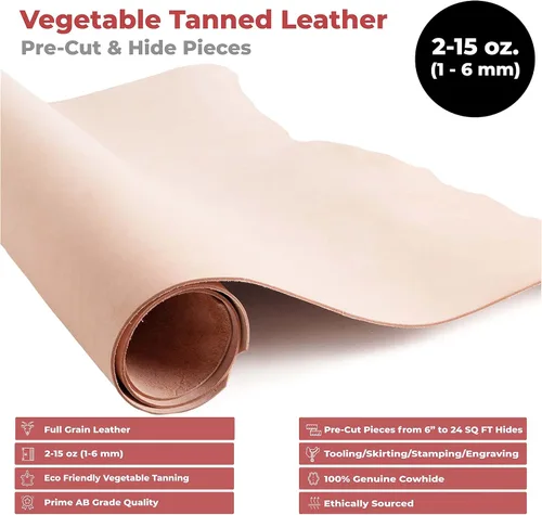 Miniatura 2 de ELW Cuero curtido vegetal de 2 a 12 oz (0.039-0.189 pulgadas) de espesor, piel de vacuno precortada de grado A, de grano completo para herramientas