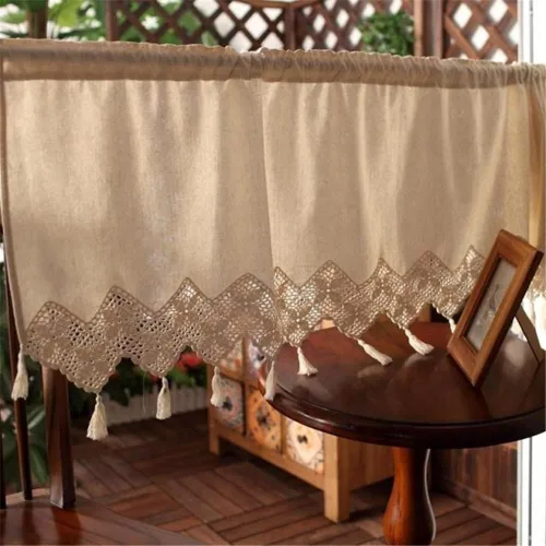 Miniatura 14 de Cenefa de cortina rústica bohemia para ventana de cocina, casa de campo, hecha a mano, entretejido de encaje de ganchillo, tela de algodón, cortinas