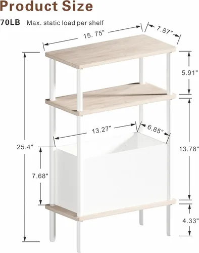 Miniatura 3 de Mesa auxiliar estrecha con cesta de tela, mesa auxiliar para espacios pequeños, mesita de noche delgada con estante de almacenamiento de 3 niveles