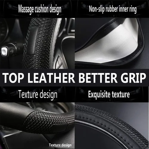 Miniatura 2 de Funda para volante en forma de D, universal de 36.8-38 cm, de cuero negro para automóvil con mejor agarre deportivo para hombres y mujeres, se D