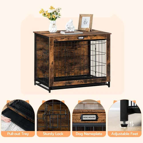 Miniatura 9 de HOOBRO Mueble de jaula para perros, perrera mediana de 32.5 pulgadas para interiores, jaula de madera con bandeja extraíble, mesa auxiliar lateral