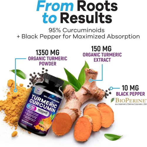 Miniatura 6 de Suplemento de curcumina de cúrcuma – 95% curcuminoides con cúrcuma orgánica y jengibre, extracto de pimienta negra BioPerine para una mejor