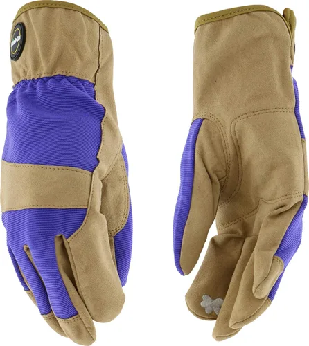 Miracle-Gro MG86206 - Guantes acolchados en la palma – [bronceado/morado, mediano/grande], palma de cuero sintético, compatible con pantalla táctil