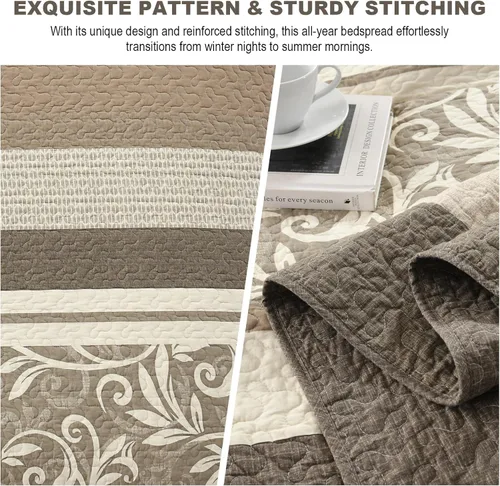 Miniatura 5 de Colchas ligeras tamaño King de 120x120, colcha de microfibra extra grande 100% algodón, colcha reversible con patrón botánico a rayas, juego de ropa