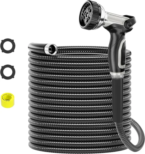Miniatura 11 de SPECILITE Manguera de jardín de acero inoxidable 304 de 25 pies, tubería de agua resistente con boquillas para patio, exterior, flexible, nunca se
