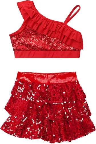 Miniatura 83 de JEATHA Top corto con borlas y lentejuelas brillantes para niñas, con minifalda, jazz latino, salsa, samba, rumba, baile