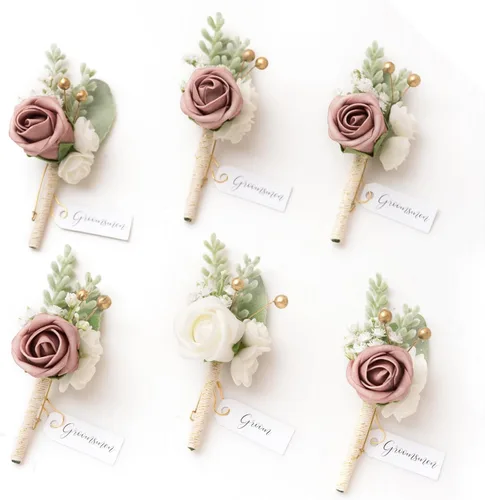 Miniatura 48 de Ling's Moment Boutonniere para Hombres Boda, Juego de 6, Novio y Padrinos Boutonniere para Boda Regreso a Casa Halloween Ceremonia Aniversario, Cena