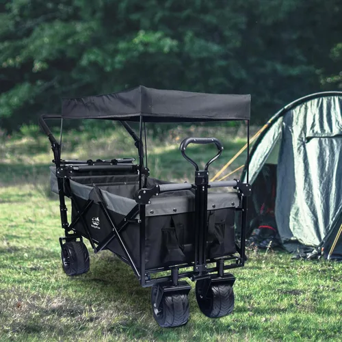 Miniatura 8 de Carro plegable con toldo extraíble y bolsa enfriadora, carrito plegable resistente con ruedas todo terreno de 4 pulgadas para campamento, playa