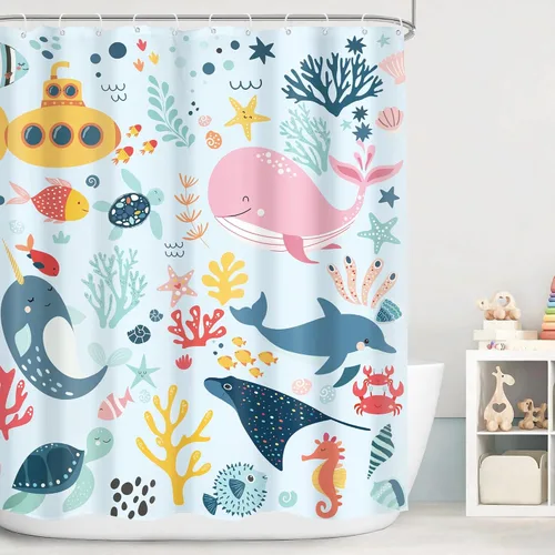 Miniatura 13 de Cortina de ducha para niños, océano, verano, linda ballena de dibujos animados, divertida decoración de baño para guardería, niños y niñas