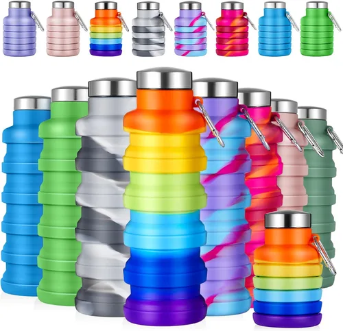 Lallisa 8 botellas de agua plegables de silicona reutilizables a granel, botellas de agua plegables de 17 onzas, botella deportiva ligera portátil