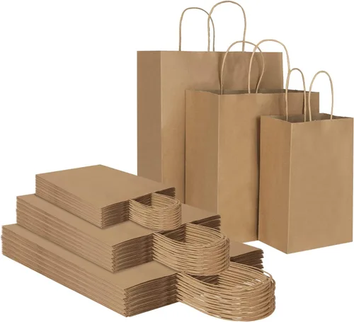 Toovip - Paquete de 90 bolsas de papel kraft marrón con asas, tamaños múltiples de 3 surtidos, bolsas de regalo para recuerdos, compras, fiestas,