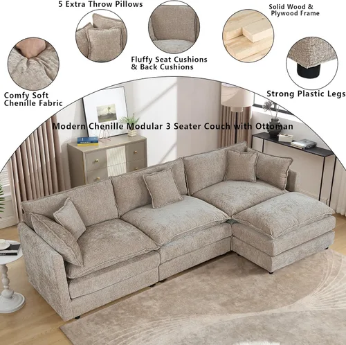 Miniatura 3 de Setawix Sofá Profundo de 3 Plazas con Otomana, Sofás de Nube en Forma de L de 112.2" para Sala de Estar, Sofá de Nube de Chenilla con Asiento Café