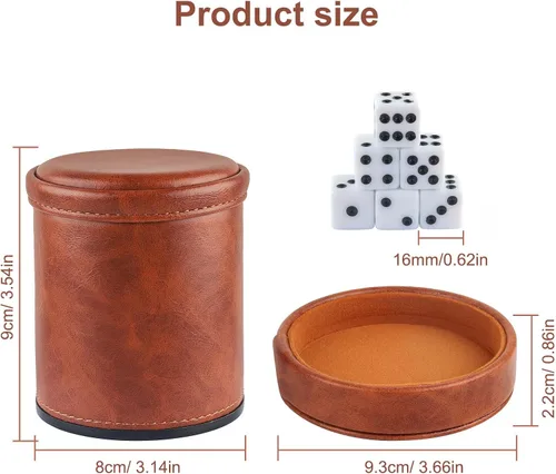 Miniatura 6 de Taza de dados de piel sintética marrón con tapa, taza de terciopelo interior silenciosa con 6 dados para juegos de dados mentirosos, Farkle/Yahtzee