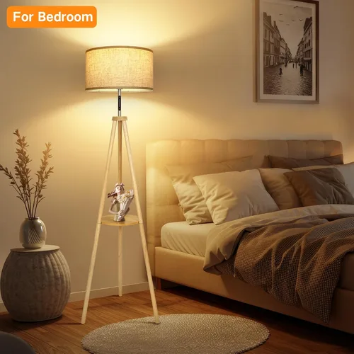Miniatura 16 de OUTON - Lámpara de pie de trípode de madera con estantes, lámpara de pie de mediados de siglo con control remoto, 4 temperaturas de color, lámpara