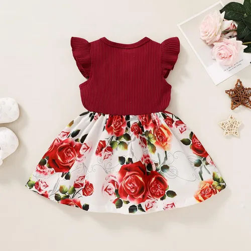 Miniatura 3 de Vestido de verano para niña pequeña, sin mangas, con volantes, con lazo, falda floral y empalme