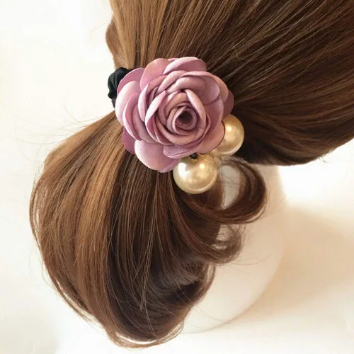Miniatura 7 de LOVEF 4pcs Coreano Moda Perla Cuerda De Pelo Rosa Flor Rhinestone Lazos/Joyería Banda De Caucho