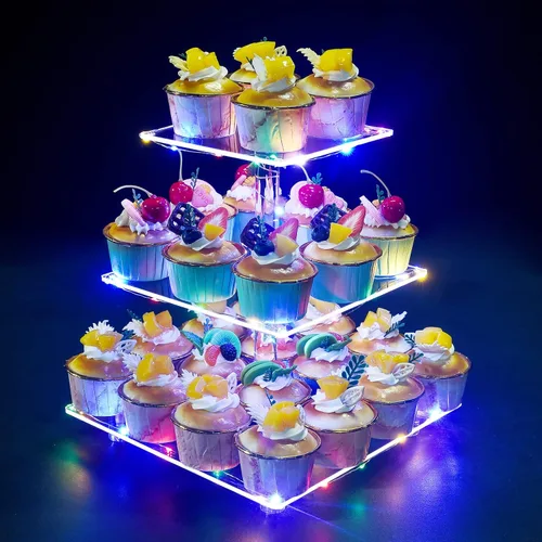 Miniatura 18 de Soporte para Cupcakes, Soporte Redondo para Cupcakes de 4 Niveles con Tira de Luces LED, Torre de Exhibición de Cupcakes de Acrílico para Bodas, Azul