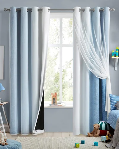 Miniatura 11 de Cortinas 100% opacas con superposición de gasa Mix and Match de doble capa, 54 pulgadas de largo, 2 paneles para dormitorio y sala de estar, azul