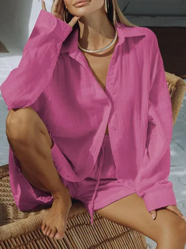 Miniatura 2 de Fixmatti Conjunto de 2 piezas para mujer, blusa de manga larga con botones y pantalones cortos