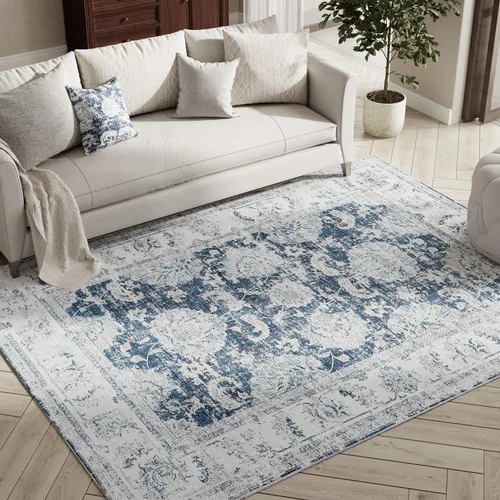 Miniatura 40 de Jinchan Fiora - Alfombra redonda de 8 pies, alfombras vintage con diseño floral envejecido, lavable a máquina, antideslizante, de pelo bajo, Azul