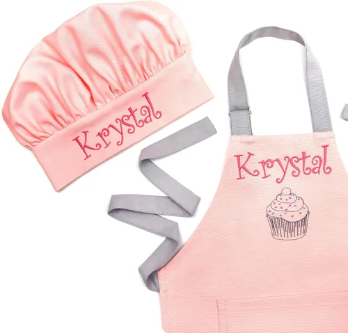 Miniatura 7 de Delantal para niños - Delantal de cocina personalizado bordado con nombre, ajustable, de algodón, con bolsillos, para cocinar rosado (01 Pink)