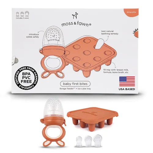 Moss and Fawn Baby's First Bites Bundle - Kit de paletas de leche materna congelada de silicona con alimentador de forraje y bandeja de cubitos de