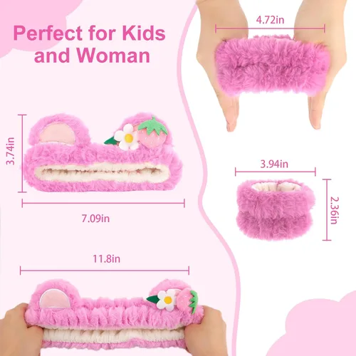 Miniatura 3 de CAVETEE Diadema, juego de 3 piezas de diadema y pulsera de oso de peluche rosa esponjoso para maquillaje para mujeres, juego de diadema y pulsera