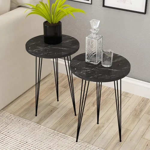 Miniatura 14 de Juego de 2 mesas auxiliares redondas de madera para sofá para espacios pequeños, mesita de noche con patas de metal para dormitorio, sala de estar