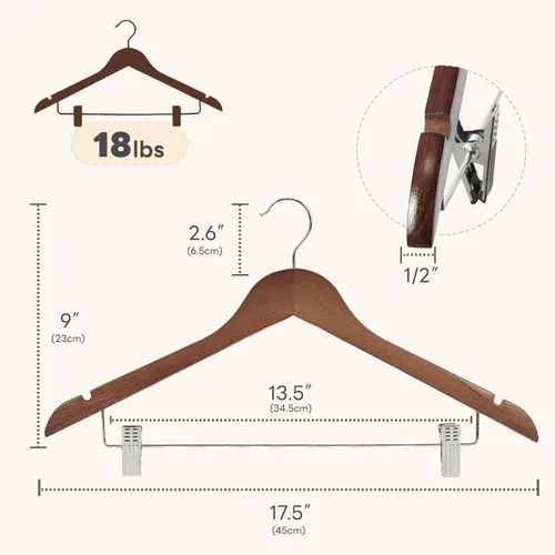 Miniatura 3 de HOUSE DAY Perchas de madera con clips, paquete de 12 perchas de madera de nogal resistente, colgador de falda de alta calidad con clips ajustables