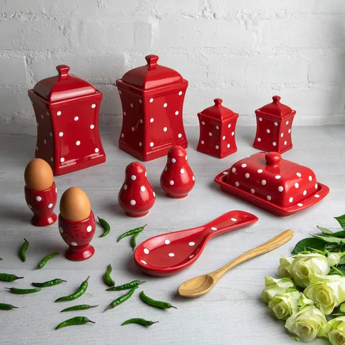 Juego de 10 recipientes de cerámica hechos a mano con lunares rojos y blancos, recipientes grandes y pequeños, mantequilla, tazas de huevo, salero y