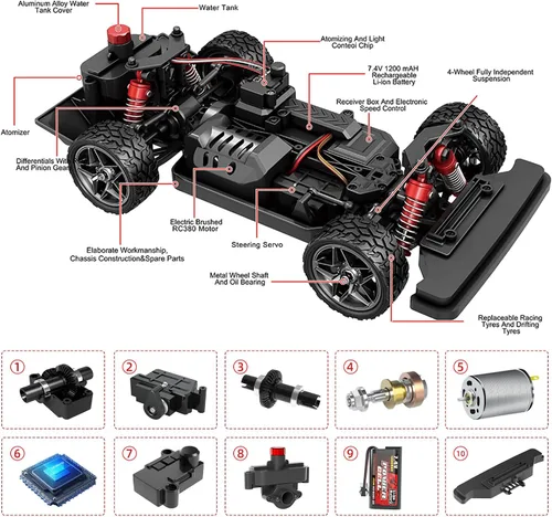 Miniatura 2 de Coche de deriva RC 1/16, 35 KM/H 4WD de alta velocidad con motor 380, dos baterías y luz LED y aerosol, auto RC de 2.4 GHz para adultos y niños