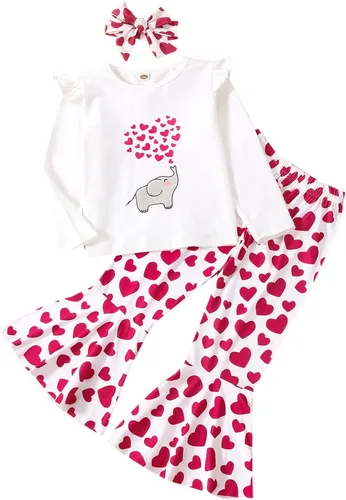 Heart Shirts Toddler Valentine's T Flare Tops Girls Baby Outfits Day Cartoon Pants Printed Girls Outfits&Set Baby
