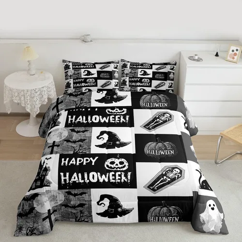 Miniatura 35 de Juego de edredón rosa con temática de Halloween, tamaño individual, edredón de farol de calabaza para adolescentes, juego de ropa de cama de Multi