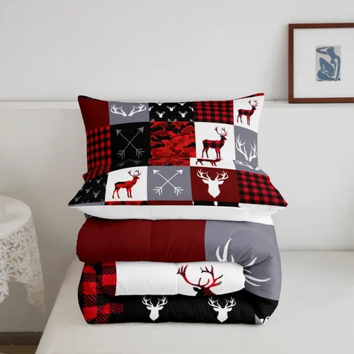 Miniatura 74 de Juego de edredón de cuernos de ciervo tamaño individual, juego de ropa de cama rústica de granja con huellas de oso y pinos para decoración