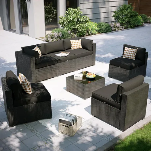 Miniatura 13 de Aoxun Juego de muebles de patio, 7 piezas de sofás seccionales para exteriores con funda impermeable, mimbre de ratán para exteriores, juego