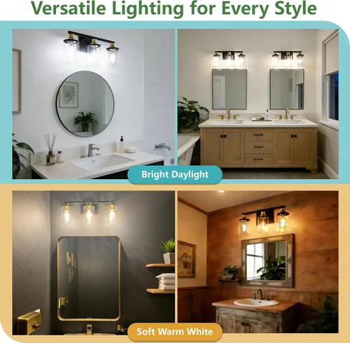 Miniatura 9 de DORESshop Lámparas de baño, 3 luces negras y doradas para baño sobre espejo con pantalla de vidrio transparente, luces de tocador para baño, Negro