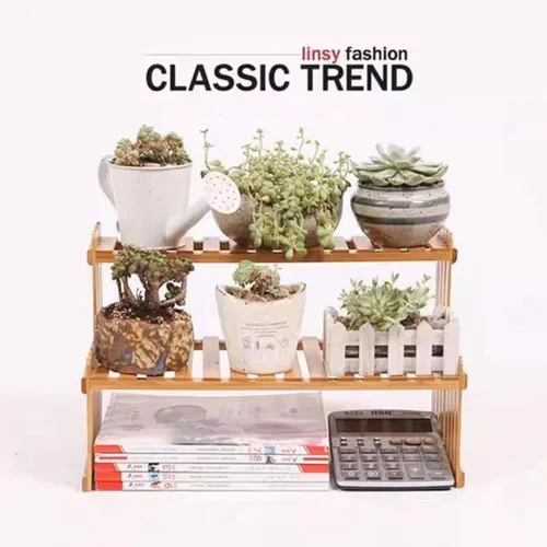 Miniatura 5 de Estante de plantas de bambú de 2 niveles de 14.6"/10.8"/18.5"/22.8", soporte para macetas de flores de escritorio, estante de escritorio ajustable
