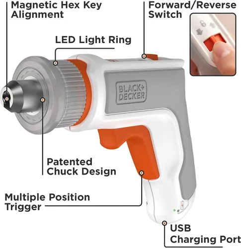 Miniatura 2 de beyond by BLACK+DECKER - Destornillador inalámbrico de 4 V MAX*, hexagonal, en forma de L, puntas surtidas de 2 pulgadas (BCRTA601WAPB), color blanco